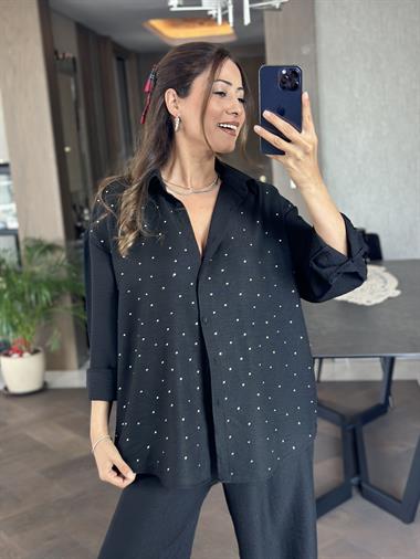 Siyah Önü Taşlı Aerobin Kadın Gömlek