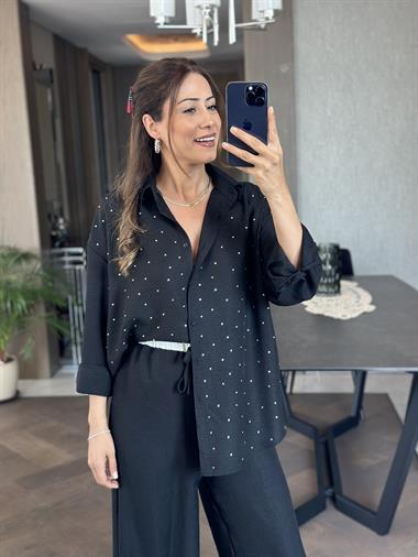 Siyah Önü Taşlı Aerobin Kadın Gömlek