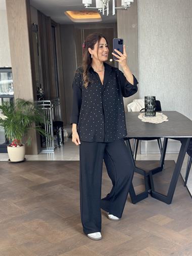 Siyah Önü Taşlı Aerobin Kadın Gömlek