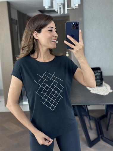 Siyah Önü Taşlı Modal Kadın T-Shirt