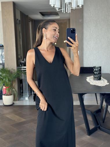 Siyah Önü V Yaka Sıfır Kol Kadın Keten Elbise 