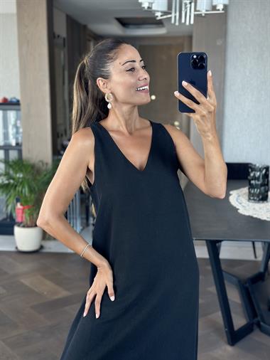 Siyah Önü V Yaka Sıfır Kol Kadın Keten Elbise 
