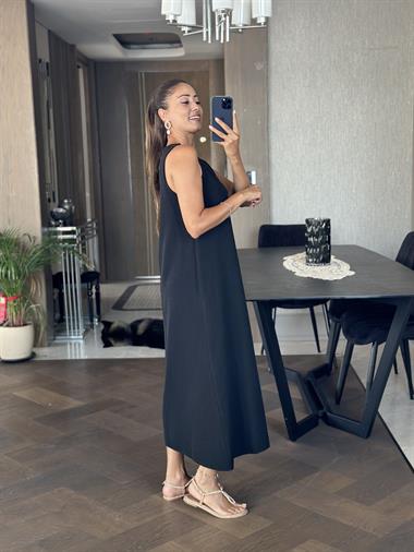 Siyah Önü V Yaka Sıfır Kol Kadın Keten Elbise 