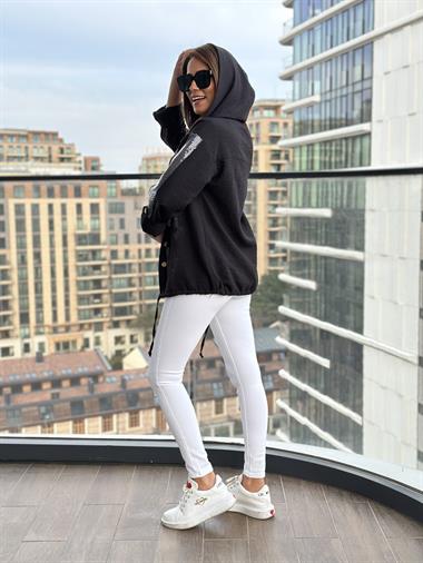 Siyah Önü Yıldız İşlemeli Kapüşonlu Keten Aerobin Kadın Ceket