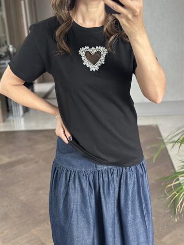 Siyah Organze Taş Kalpli Bisiklet Yaka Kadın T-Shirt