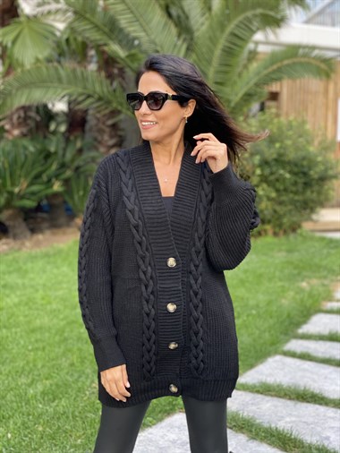 Siyah Örgü Detay Düğmeli Triko Kadın Hırka