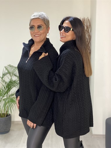 Siyah Örgü Oversize Fermuarlı Triko Kadın Kazak