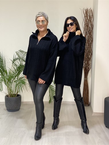Siyah Örgü Oversize Fermuarlı Triko Kadın Kazak