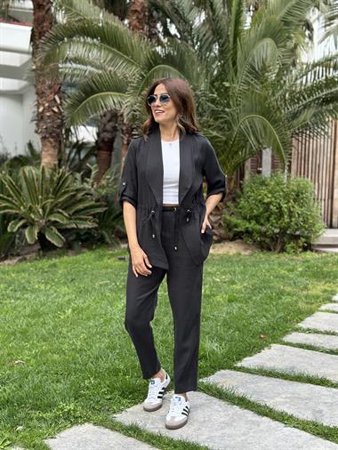 Siyah Bağcık Detay Şal Yaka Ceket Pantolon Kadın Alt Üst Takım