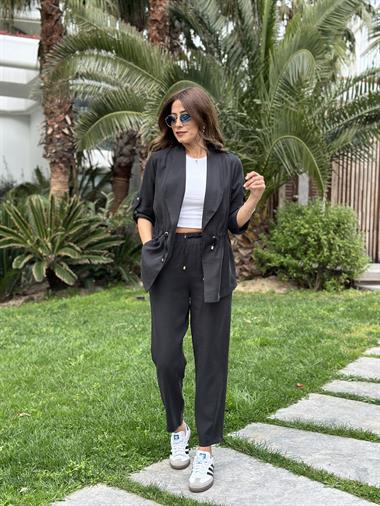 Siyah Bağcık Detay Şal Yaka Ceket Pantolon Kadın Alt Üst Takım