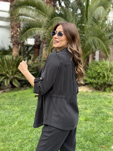 Siyah Bağcık Detay Şal Yaka Ceket Pantolon Kadın Alt Üst Takım