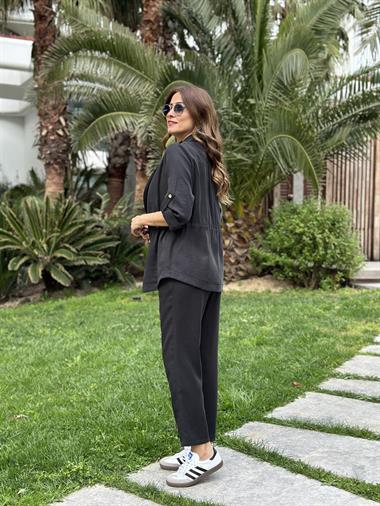 Siyah Bağcık Detay Şal Yaka Ceket Pantolon Kadın Alt Üst Takım