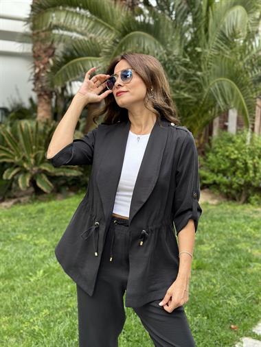 Siyah Bağcık Detay Şal Yaka Ceket Pantolon Kadın Alt Üst Takım