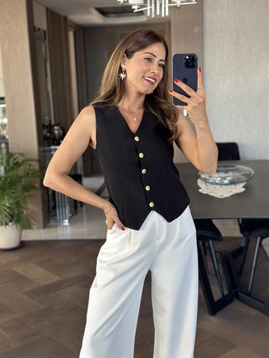 Siyah Orjinal Marka Beş Gold Düğmeli Astarlı Kadın Yelek