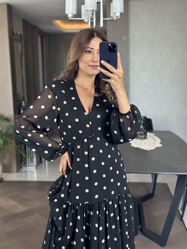 Siyah Orjinal Marka Puantiyeli Beli Lastikli V Yaka Kadın Elbise