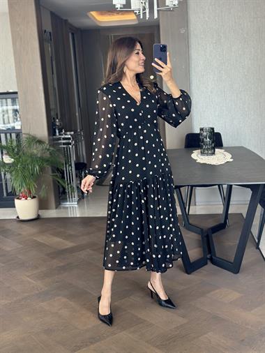 Siyah Orjinal Marka Puantiyeli Beli Lastikli V Yaka Kadın Elbise