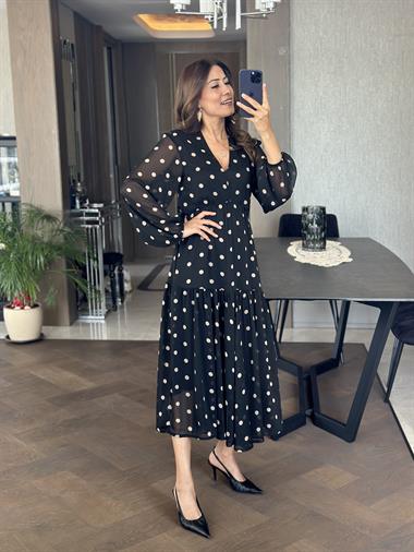 Siyah Orjinal Marka Puantiyeli Beli Lastikli V Yaka Kadın Elbise