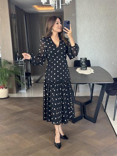 Siyah Orjinal Marka Puantiyeli Beli Lastikli V Yaka Kadın Elbise