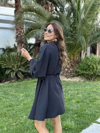 Siyah Orjinal Marka Tnsel Yarım Düğmeli Beli Lastikli Kadın Gömlek Elbise