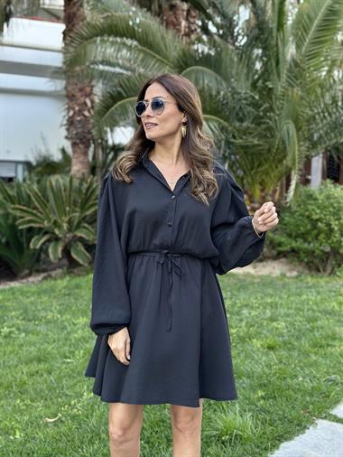 Siyah Orjinal Marka Tnsel Yarım Düğmeli Beli Lastikli Kadın Gömlek Elbise