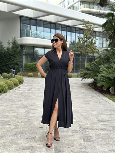 Siyah Orjinal Marka V Yaka Düğmeli Cepli Kadın Elbise 