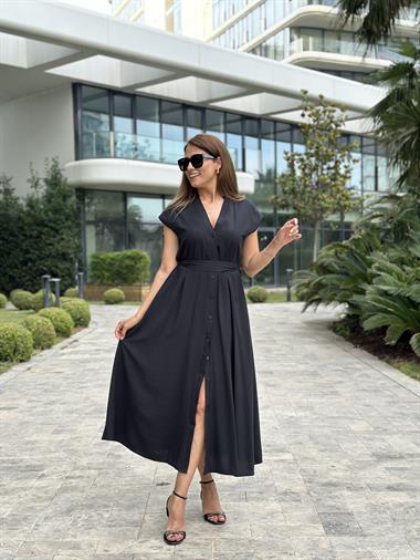 Siyah Orjinal Marka V Yaka Düğmeli Cepli Kadın Elbise 
