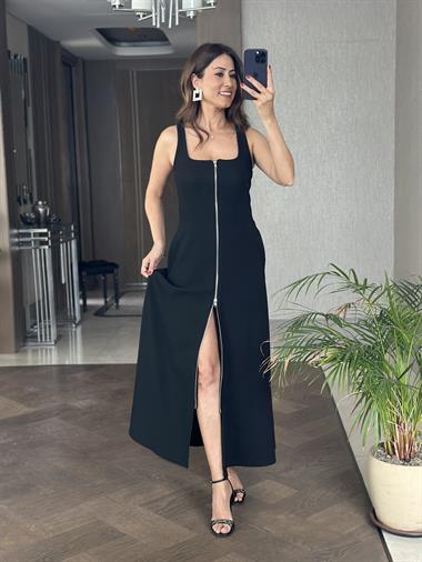 Siyah Ottoman Kare Yaka Kalın Askılı Önü Fermuarlı Kadın Elbise 