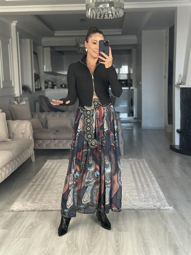 Siyah Ottoman Kumaş Fermuarlı Parmak Geçmeli Kadın Bluz