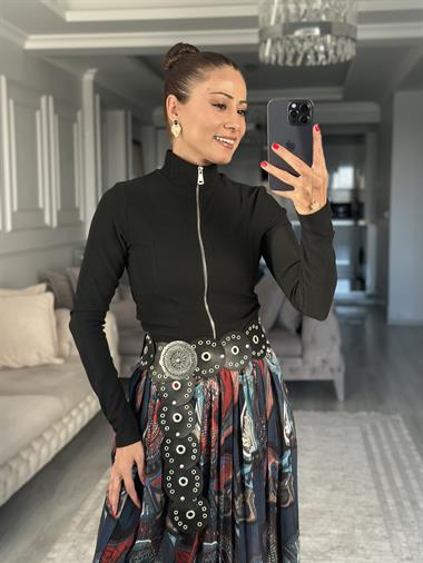 Siyah Ottoman Kumaş Fermuarlı Parmak Geçmeli Kadın Bluz