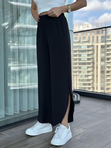 Siyah Oval Kesim Yırtmaçlı Kadın Pantolon