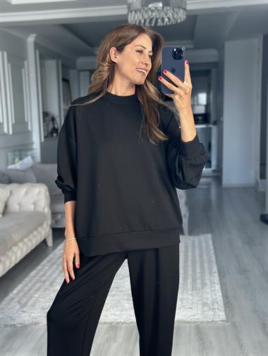 Siyah Oversize Bisiklet Yaka Sweatshirt Pantolon Kadın Alt Üst Takım