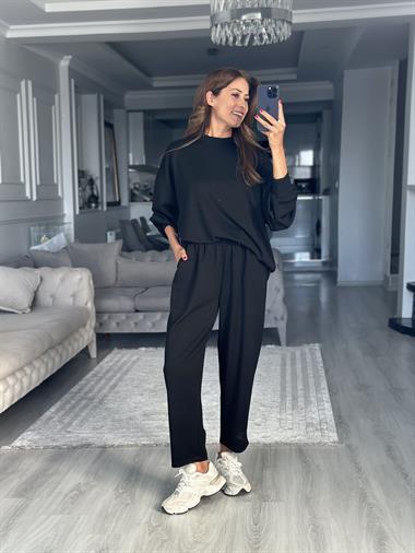 Siyah Oversize Bisiklet Yaka Sweatshirt Pantolon Kadın Alt Üst Takım