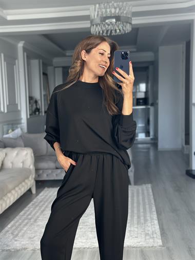 Siyah Oversize Bisiklet Yaka Sweatshirt Pantolon Kadın Alt Üst Takım