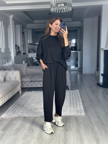 Siyah Oversize Bisiklet Yaka Sweatshirt Pantolon Kadın Alt Üst Takım