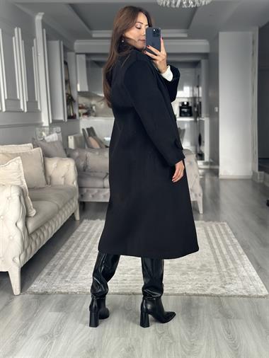 Siyah Oversize İki Düğmeli Kadın Kaşe Kaban
