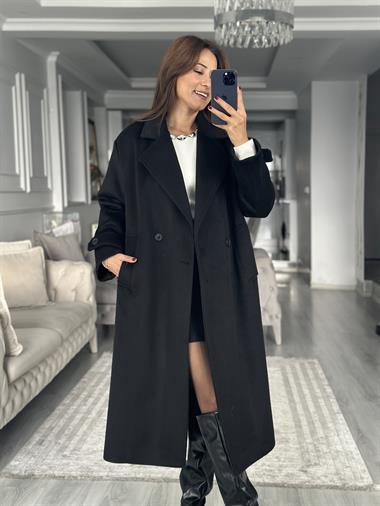 Siyah Oversize İki Düğmeli Kadın Kaşe Kaban