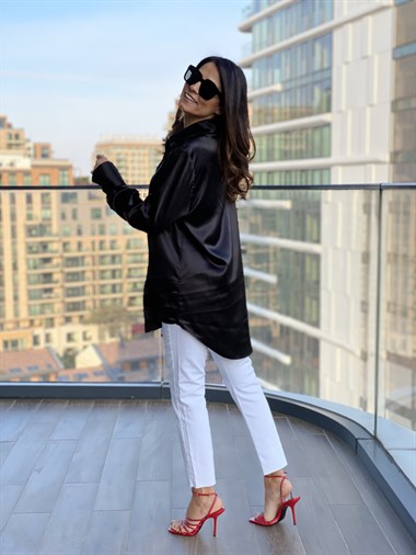 Siyah Oversize Saten Gömlek