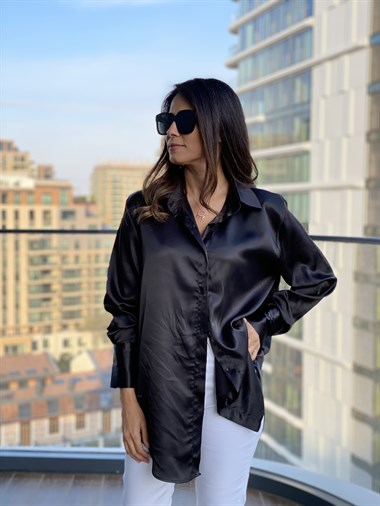 Siyah Oversize Saten Gömlek