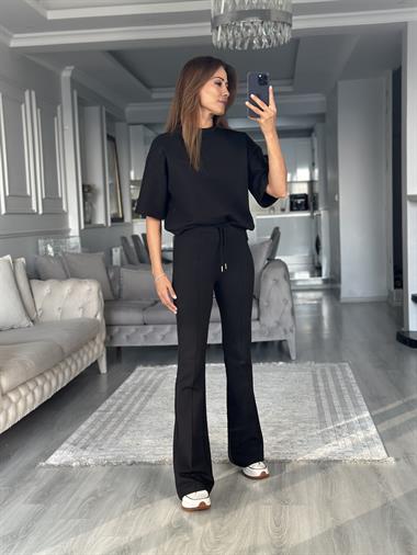 Siyah Oversize T-shirt Cepsiz Pantolon İnterlok Kadın İkili Takım