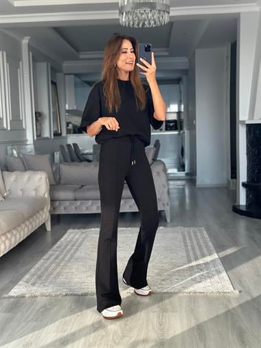 Siyah Oversize T-shirt Cepsiz Pantolon İnterlok Kadın İkili Takım