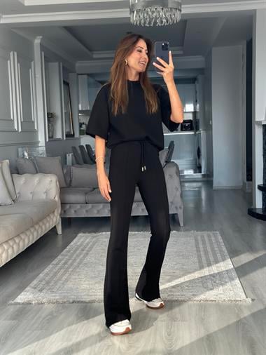 Siyah Oversize T-shirt Cepsiz Pantolon İnterlok Kadın İkili Takım