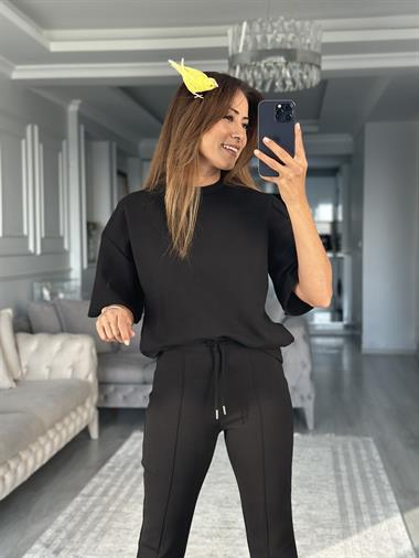 Siyah Oversize T-shirt Cepsiz Pantolon İnterlok Kadın İkili Takım