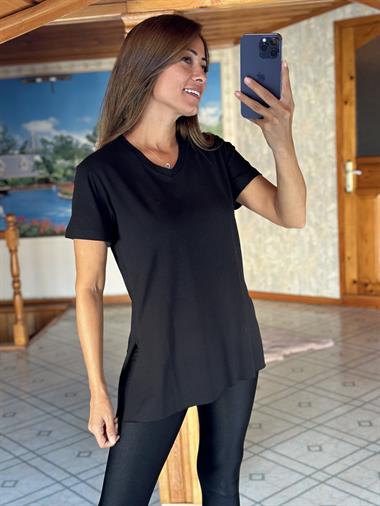 Siyah Özel Üretim V Yaka Basic Kadın T-Shirt
