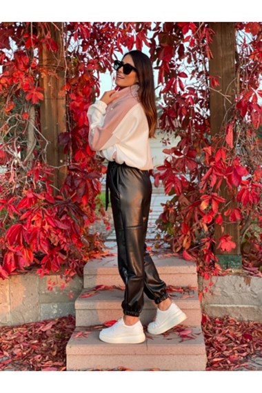 Siyah Paça Lastikli Deri Kadın Pantolon