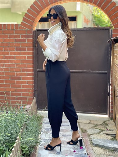 Siyah Paça Pensli Beli Lastikli Aerobin Kadın Pantolon