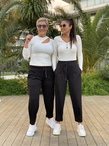 Siyah Paça Pensli Modal Kadın Pantolon