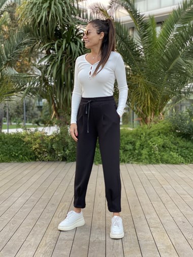 Siyah Paça Pensli Modal Kadın Pantolon