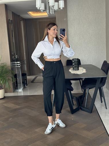 Siyah Paçası Düğme Detay Kadın Pantolon