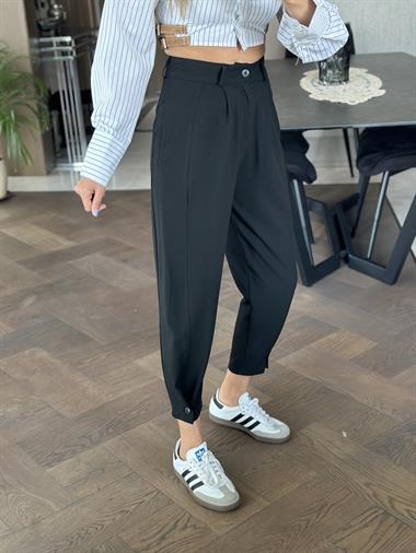 Siyah Paçası Düğme Detay Kadın Pantolon