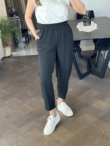 Siyah Paçası Pensli Beli Lastikli Cepli Aerobin Kadın Pantolon